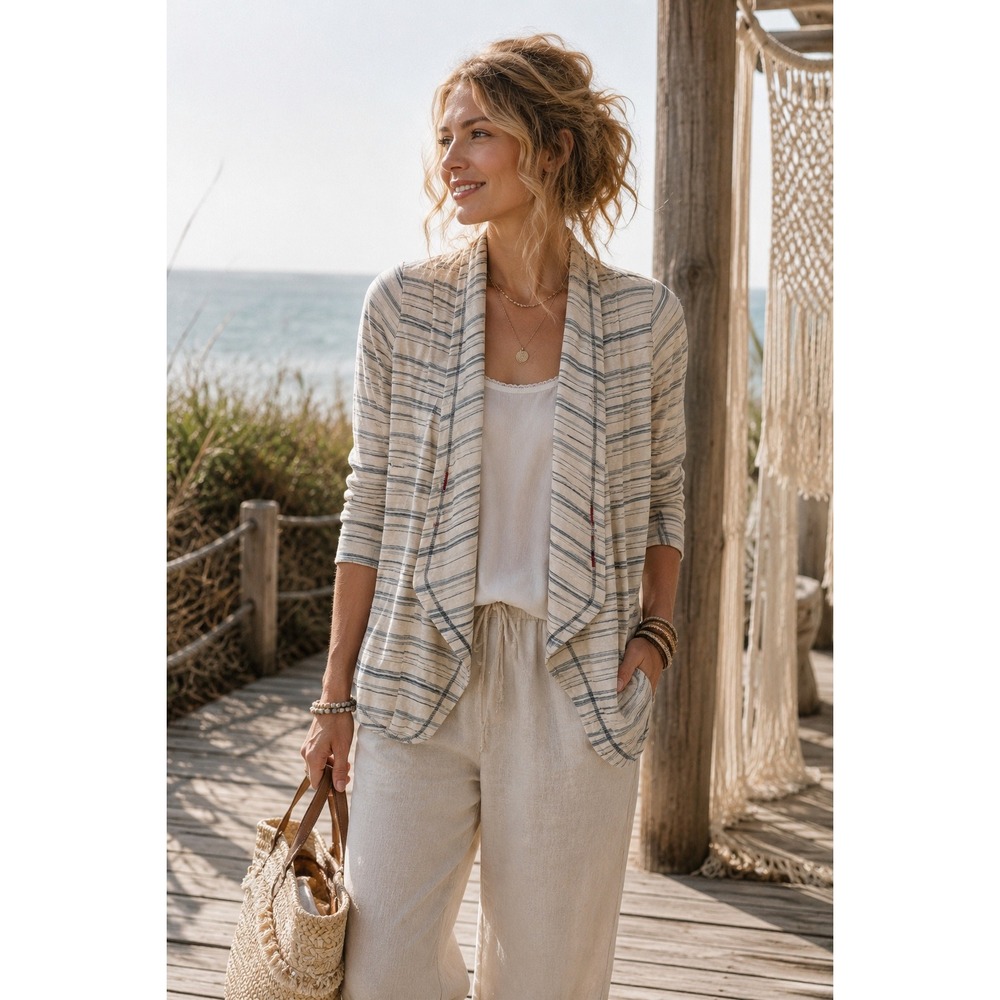 Saturday Sunday Anthropologie Striped Open Front Cardigan Beige Blue Small